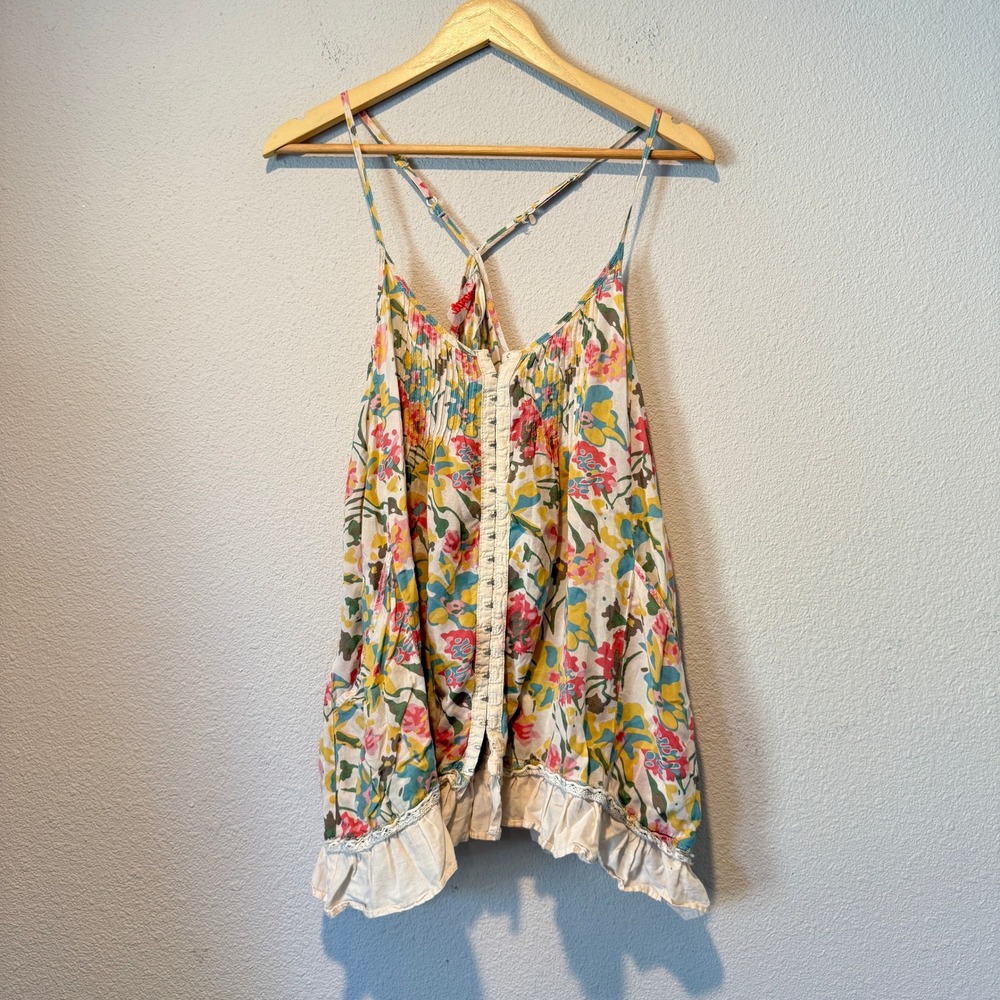 Free People Floral Cami Top Multicolor Hook Eye Ruffle Lace Boho Small